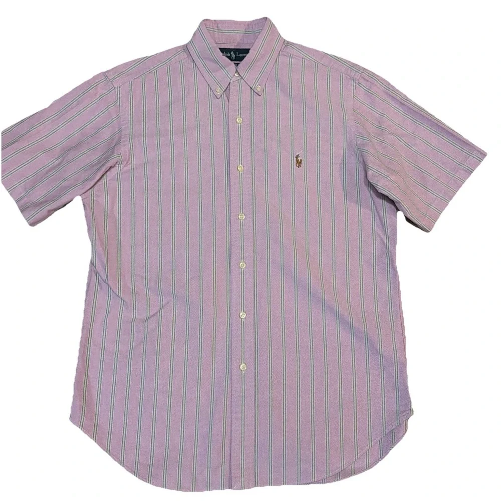 Polo‎ Ralph Lauren 100% Cotton Button Up Short Sleeve Shirt Pink Green Stripes M